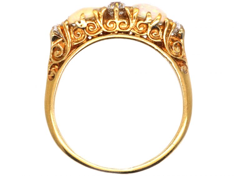 Victorian 18ct Gold Two Stone Opal Carved Half Hoop Ring with Diamonds in Between