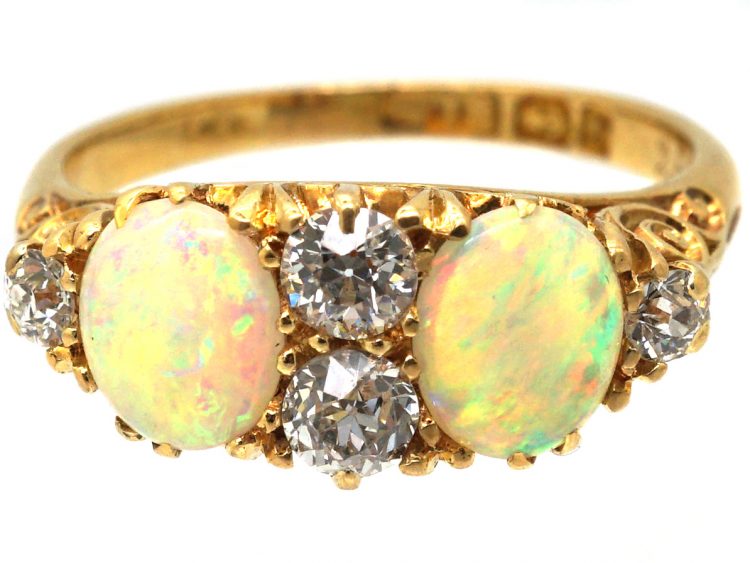 Victorian 18ct Gold Two Stone Opal Carved Half Hoop Ring with Diamonds in Between