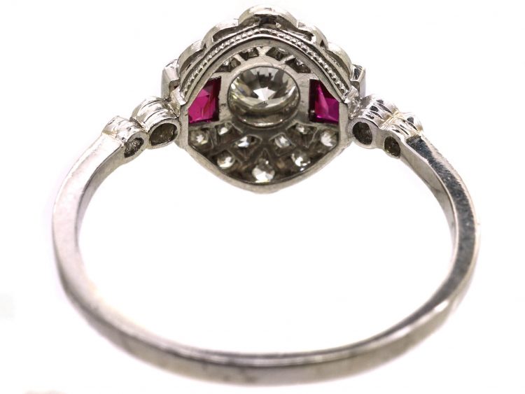 Early 20th Century Platinum, Ruby & Diamond Cluster Ring with Diamond Set Shoulders