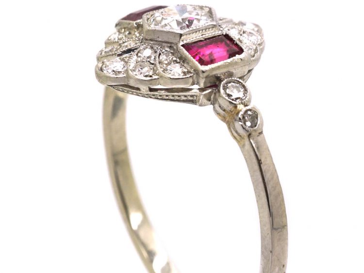Early 20th Century Platinum, Ruby & Diamond Cluster Ring with Diamond Set Shoulders