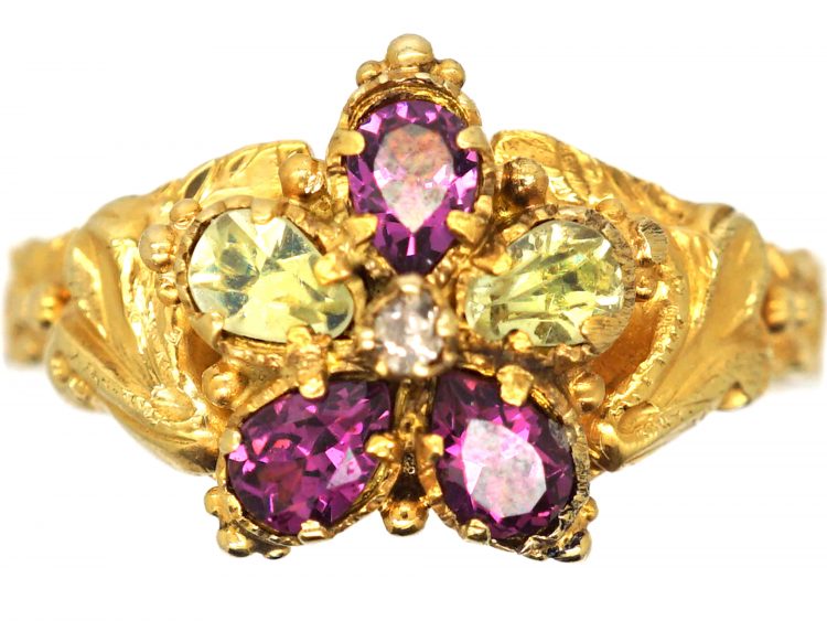 Georgian 15ct Gold Pansy Ring set with Chrysolites, Garnets & a Diamond