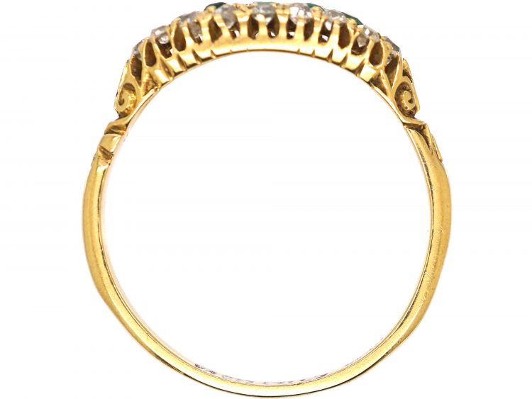 Victorian 18ct Gold, Five Stone Emerald & Diamond Boat Shaped Ring