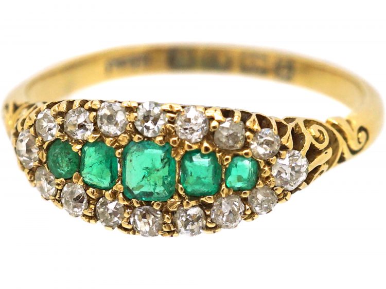 Victorian 18ct Gold, Five Stone Emerald & Diamond Boat Shaped Ring