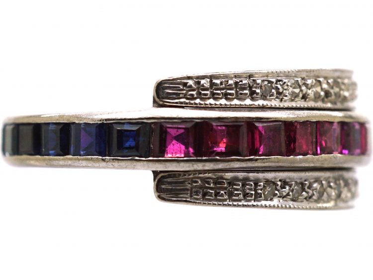 Art Deco 18ct White Gold, Sapphire, Diamond & Ruby Flip Over Ring
