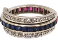 Art Deco 18ct White Gold, Sapphire, Diamond & Ruby Flip Over Ring