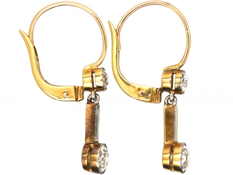 Early 20th Century 14ct Gold & Platinum, Two Stone Diamond Drop Earrings