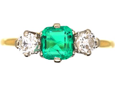 Edwardian 18ct Gold, Emerald & Diamond Three Stone Ring