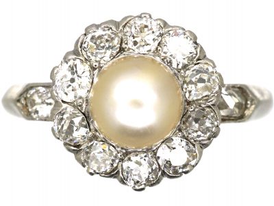 French Early 20th Century Platinum, Diamond & Natural Pearl Cluster Ring