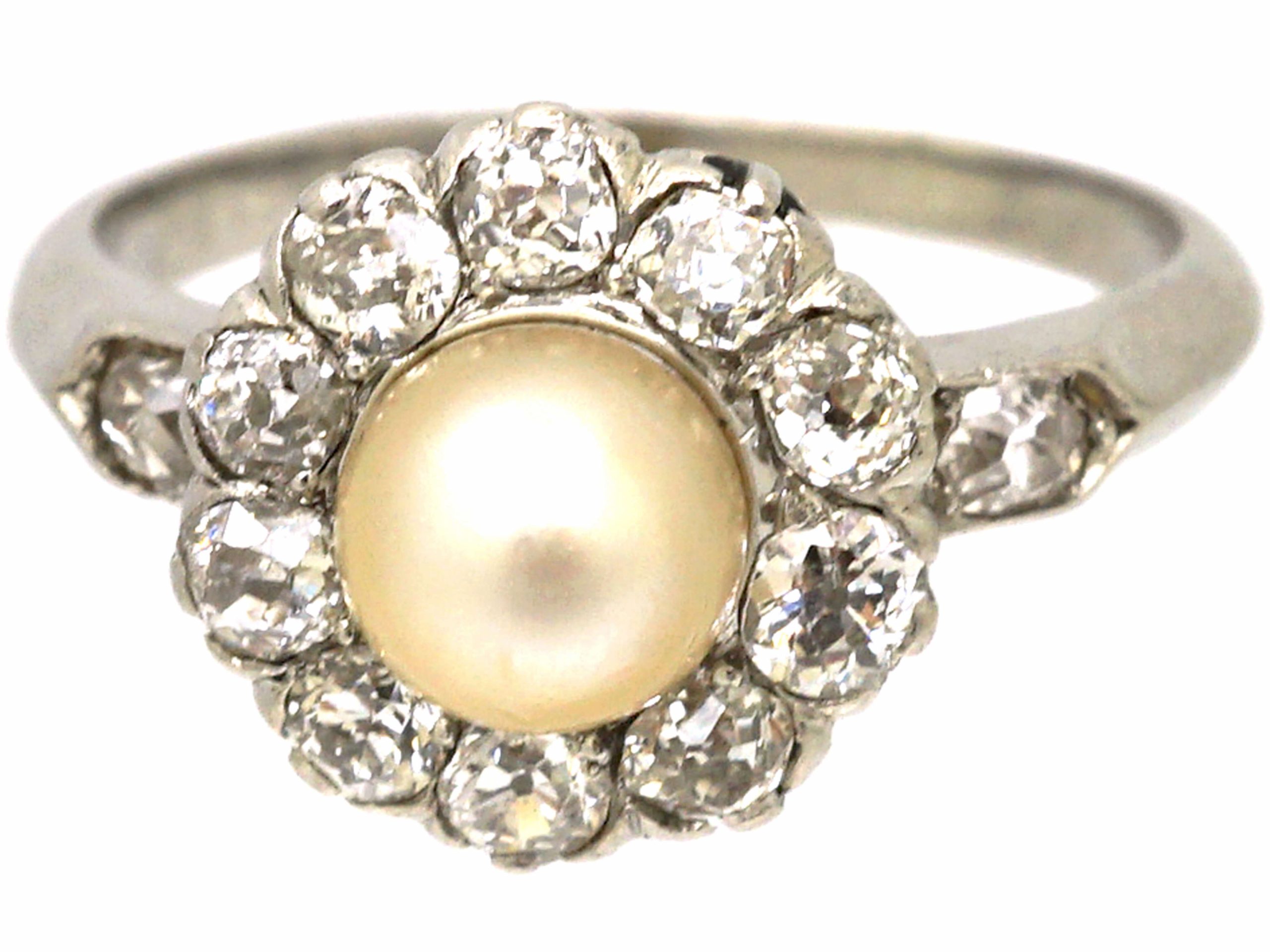 French Early 20th Century Platinum, Diamond & Natural Pearl Cluster ...