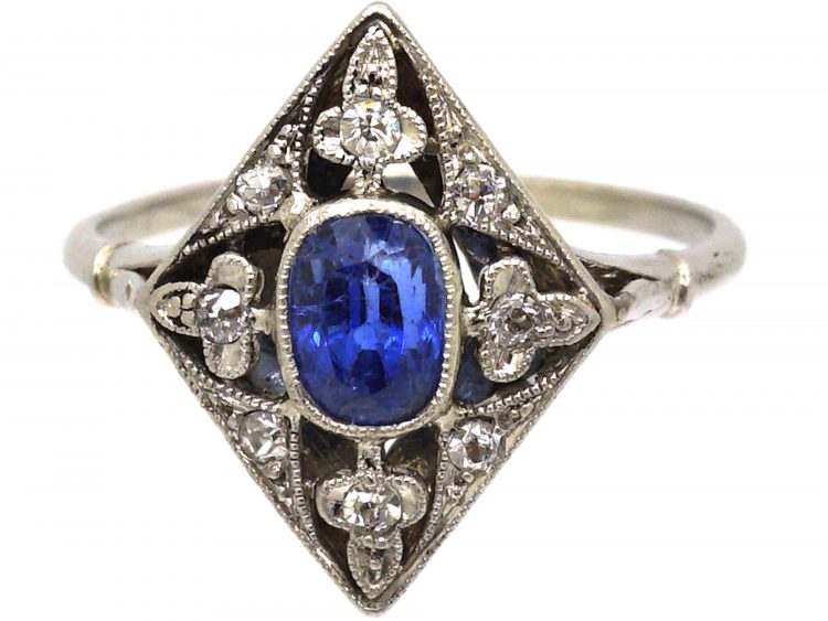 Edwardian Platinum Diamond Shaped Gothic Ring set with Diamonds & a Sapphire
