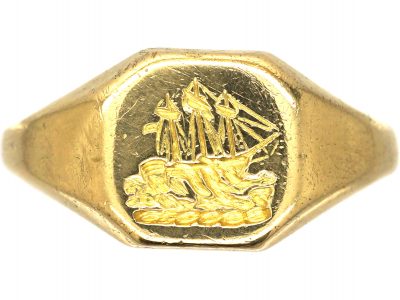 Edwardian 18ct Gold Signet Ring with Intaglio of a Sailing Ship by Cropp & Farr