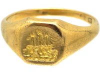 Edwardian 18ct Gold Signet Ring with Intaglio of a Sailing Ship by Cropp & Farr