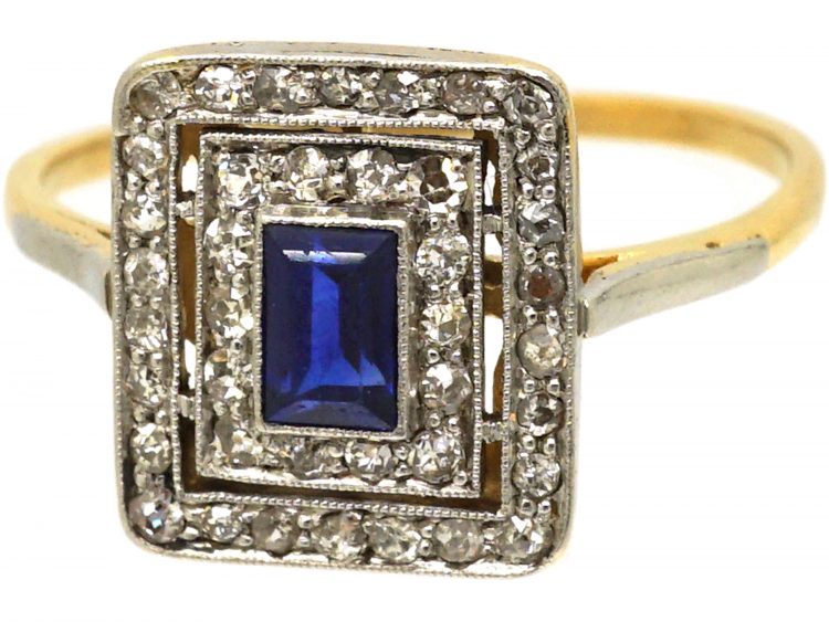 Early 20th Century 18ct Gold & Platinum Rectangular Ring set a Sapphire & Diamonds