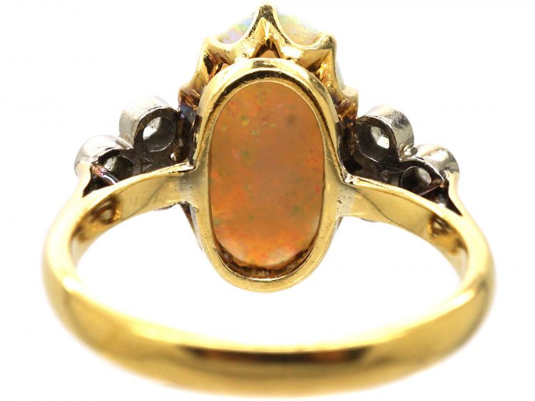 Edwardian 18ct Gold Ring set with a Large Opal with Diamond Shoulders