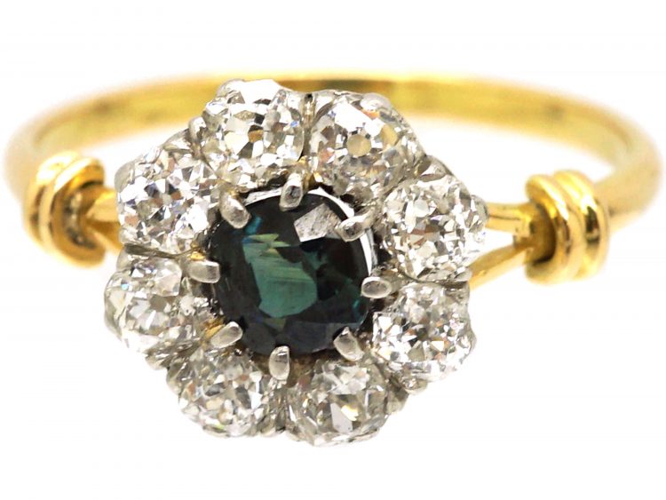Edwardian 18ct Gold & Platinum, Green Sapphire & Diamond Cluster Ring