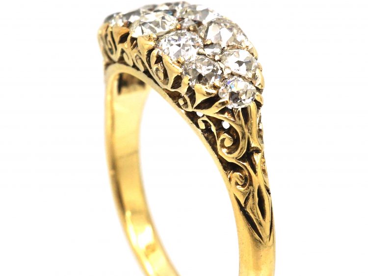 Victorian 18ct Gold Boat Shaped Carved Half Hoop Ring set with Two Rows of Diamonds