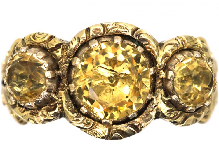 Georgian 15ct Gold Three Stone Citrine Ring with Repousse Motifs