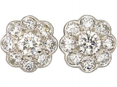 Edwardian 18ct White Gold, Diamond Daisy Cluster Earrings