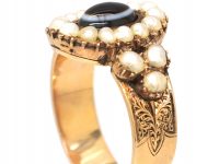 Victorian 9ct Gold Banded Onyx & Natural Split Pearl Ring