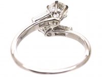 French Art Deco 18ct White Gold & Platinum, Two Stone Diamond Crossover Ring with Baguette Diamond Shoulders