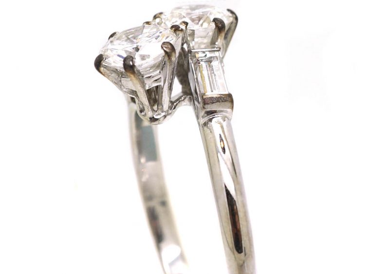 French Art Deco 18ct White Gold & Platinum, Two Stone Diamond Crossover Ring with Baguette Diamond Shoulders