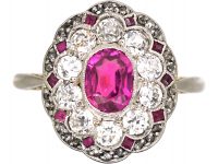 Early 20th Century 18ct Gold & Platinum, Ruby & Diamond Oval Cluster Ring