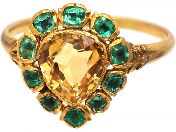 Georgian 15ct Gold Ring set with a Pear Shaped Topaz & Emeralds