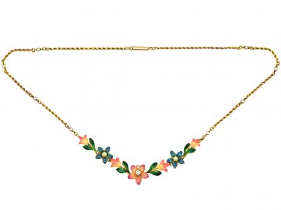 Victorian 15ct Gold Jubilee Enamel Floral Necklace set with a Diamond & Natural Pearls