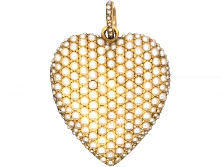 Edwardian 15ct Gold Large Heart Shaped Locket Pave Set with Natural Pearls
