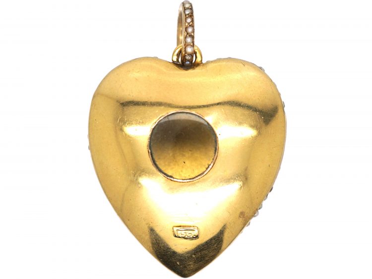 Edwardian 15ct Gold Large Heart Shaped Locket Pave Set with Natural Pearls