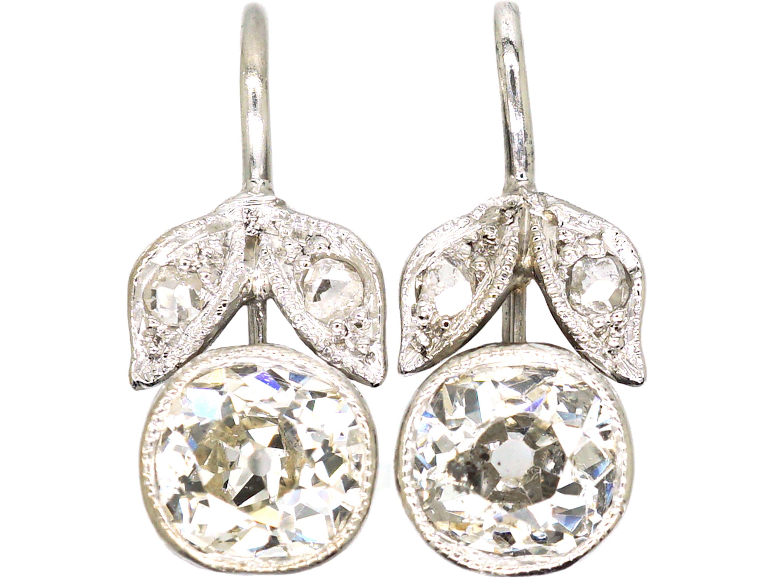 Edwardian 18ct White Gold, Diamond Flower Bud Earrings with Leaf Motifs ...