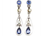 Edwardian 15ct Gold & Platinum, Sapphire, Natural Pearl & Rose Diamond Drop Earrings