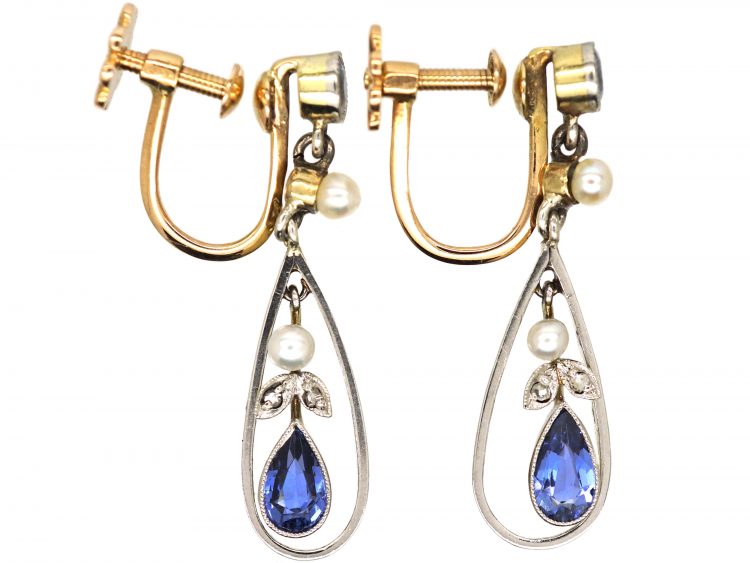 Edwardian 15ct Gold & Platinum, Sapphire, Natural Pearl & Rose Diamond Drop Earrings