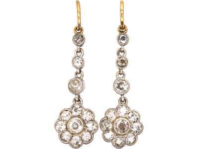 Edwardian 15ct Gold & Platinum Drop Daisy Cluster Earrings set with Diamonds