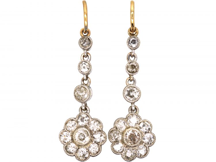 Edwardian 15ct Gold & Platinum Drop Daisy Cluster Earrings set with Diamonds