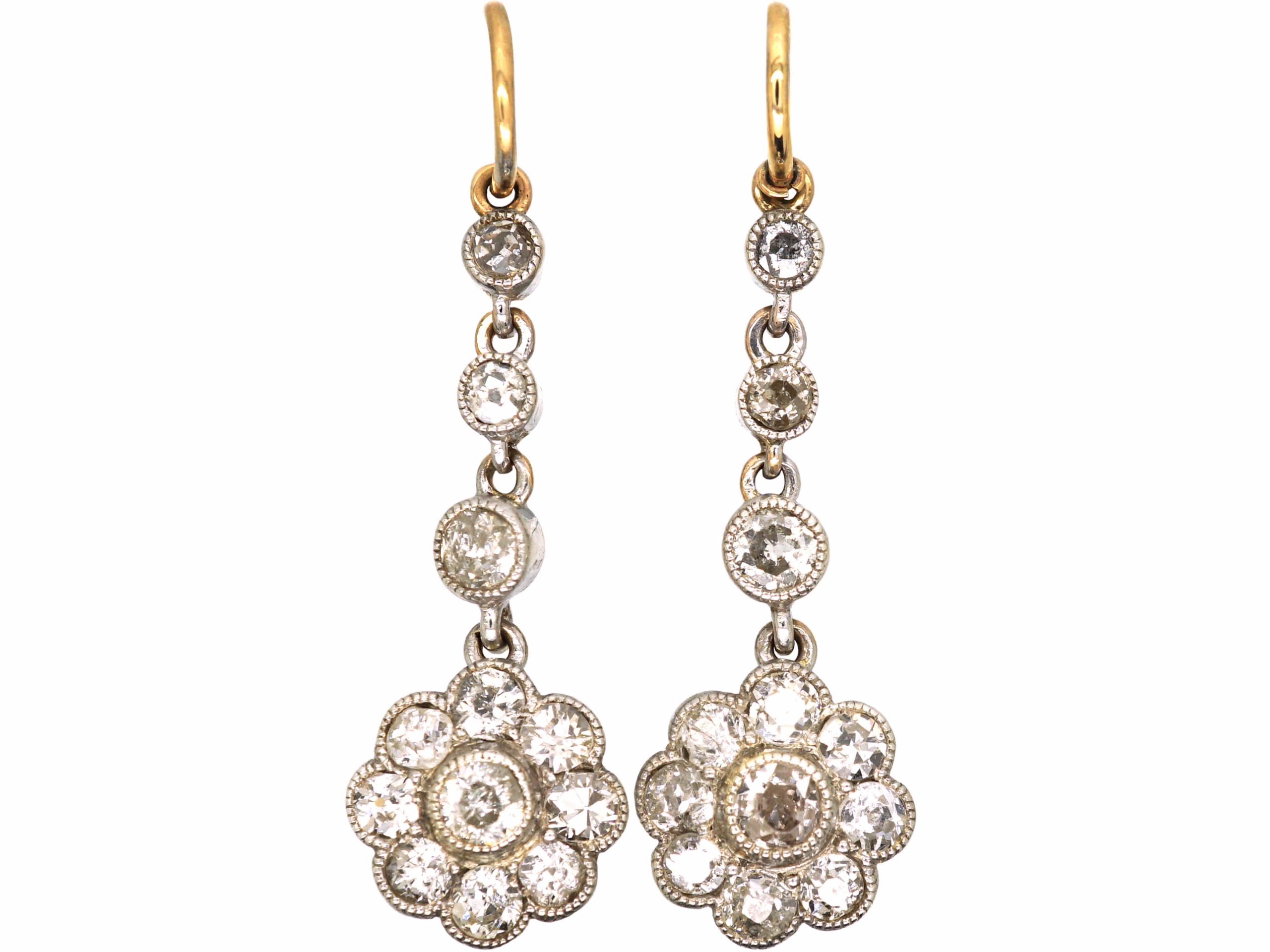 Edwardian 15ct Gold & Platinum Drop Daisy Cluster Earrings set with ...