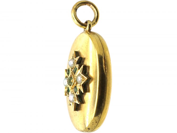 Victorian 15ct Gold Oval Locket set with Emeralds & Natural Split Pearls