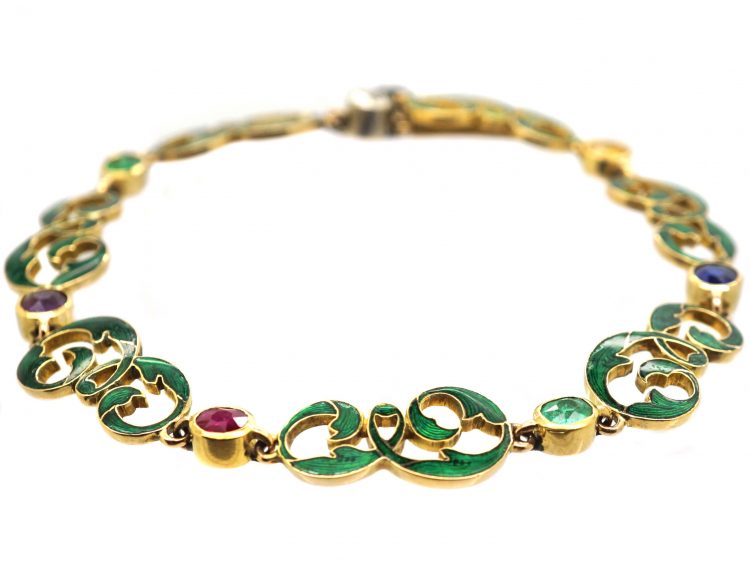 Edwardian 15ct Gold, Green Enamel & Gem Set Dearest Bracelet