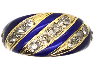 Victorian 18ct Gold, Royal Blue Enamel & Old Mine Cut Diamond Ring