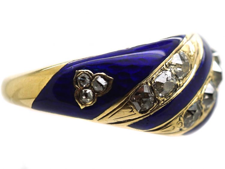 Victorian 18ct Gold, Royal Blue Enamel & Old Mine Cut Diamond Ring