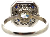 Mid 20th Century 18ct White Gold & Platinum, Octagonal Ring set with a Large Diamond Surrounded by Sapphires & Diamonds