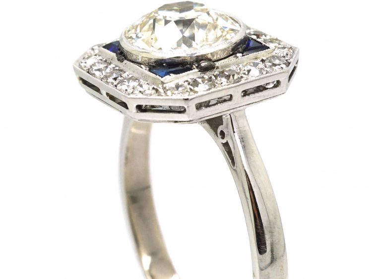 Mid 20th Century 18ct White Gold & Platinum, Octagonal Ring set with a Large Diamond Surrounded by Sapphires & Diamonds