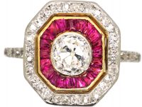 Art Deco French Import 18ct Gold & Platinum Octagonal Ring set with Rubies & Diamonds