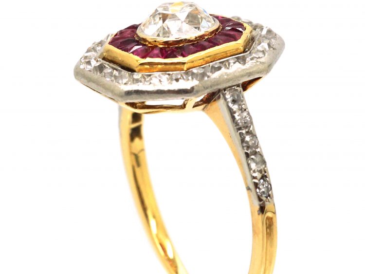 Art Deco French Import 18ct Gold & Platinum Octagonal Ring set with Rubies & Diamonds