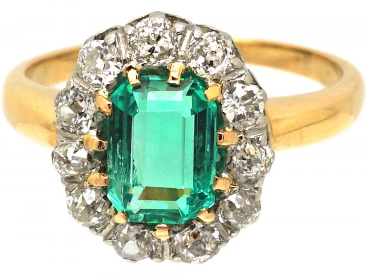 Edwardian 18ct Gold & Platinum, Emerald & Diamond Oval Cluster Ring