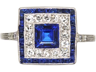 Art Deco 18ct White Gold, Sapphire & Diamond Square Ring