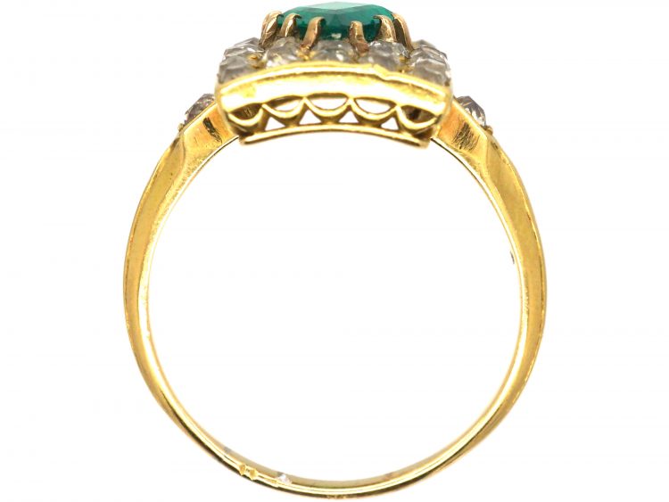 Edwardian 18ct Gold Rectangular Ring set with a Diamond Shaped Emerald & Old Mine Cut Diamonds