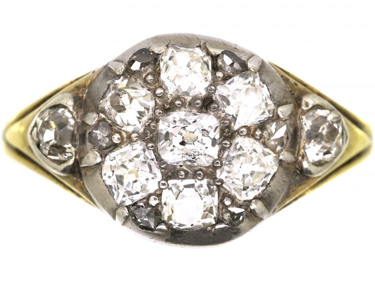 Early 19th Century 18ct Gold & Silver Cluster Ring set with Old Mine Cut Diamonds with Diamond set Heart Shaped Shoulders