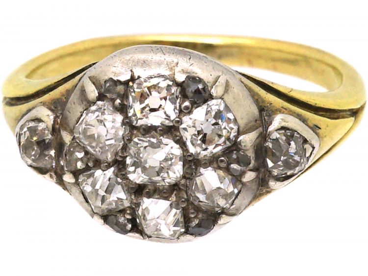 Early 19th Century 18ct Gold & Silver Cluster Ring set with Old Mine Cut Diamonds with Diamond set Heart Shaped Shoulders