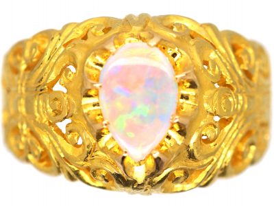 Art Nouveau 18ct Gold, Ornate Pierced Ring set with an Opal